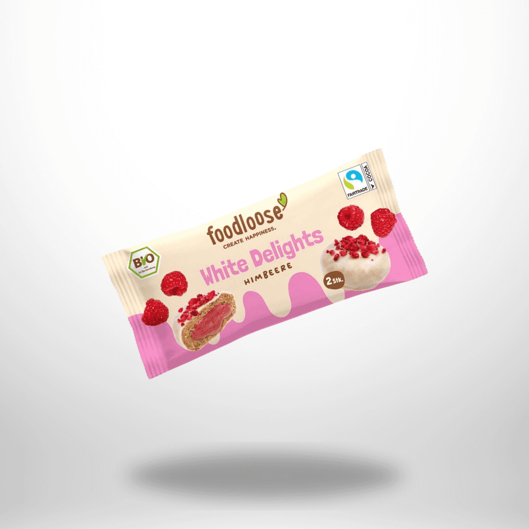 foodloose White Delights Himbeere | Veganer Bio-Snack mit Himbeeren